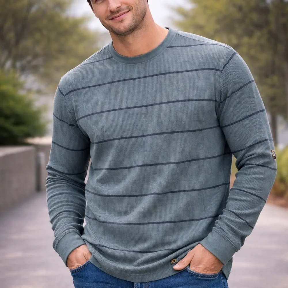 RVCA Day Shift Thermal Stripe Long Sleeve Shirt Men’s XXL Green Blue Waffle Knit